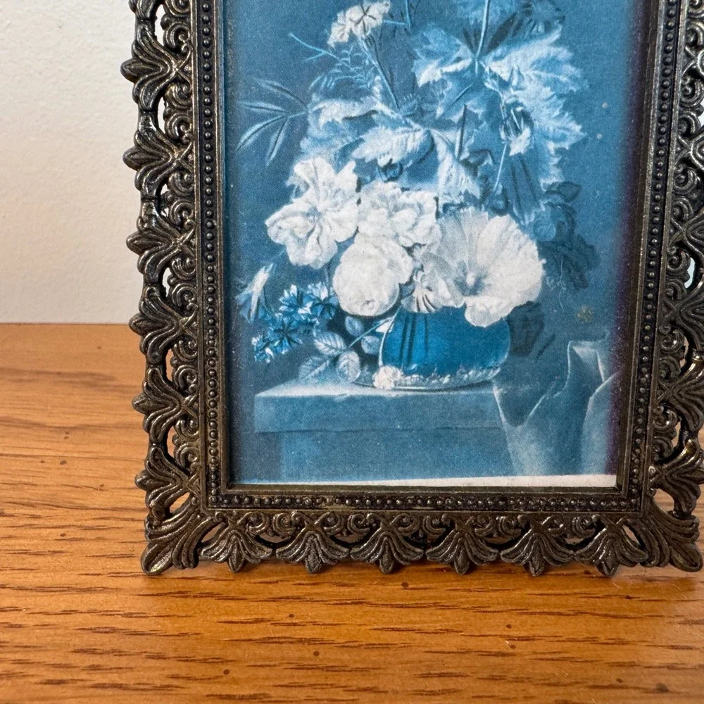 Vintage Ornate Brass Miniature Picture Frame Made in Italy Blue Floral‎ Art